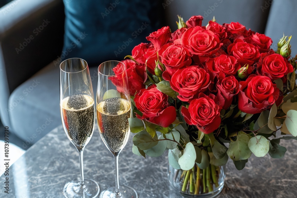 Valentine's day scene of bouquet of scarlet roses and two glasses of champagne Valentine's day scene of bouquet of scarlet roses and two glasses of champagne