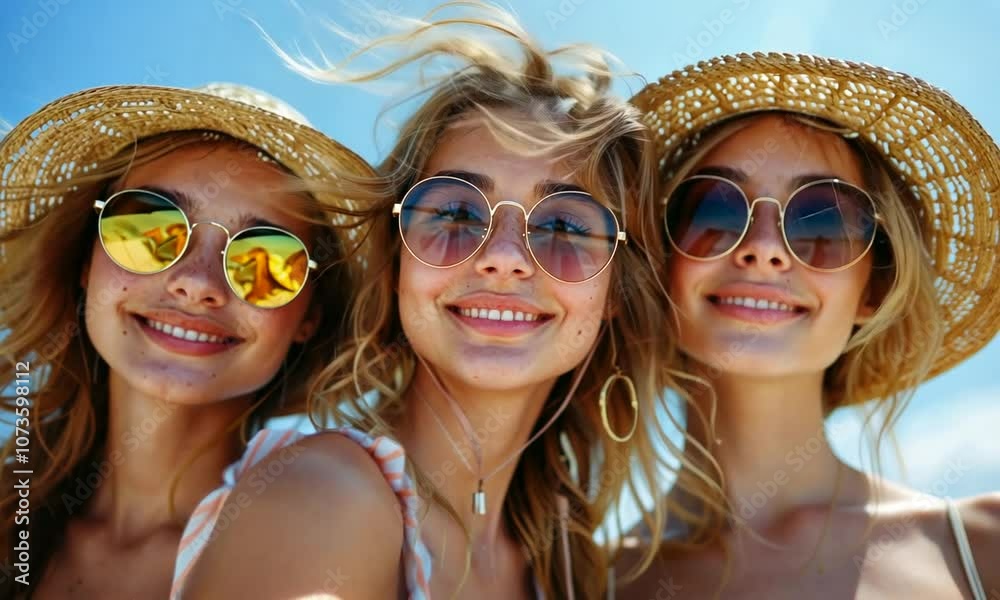 Three friends smiling together at the beach, enjoying a sunny day with hats and sunglasses. Three friends smiling together at the beach, enjoying a sunny day with hats and sunglasses.