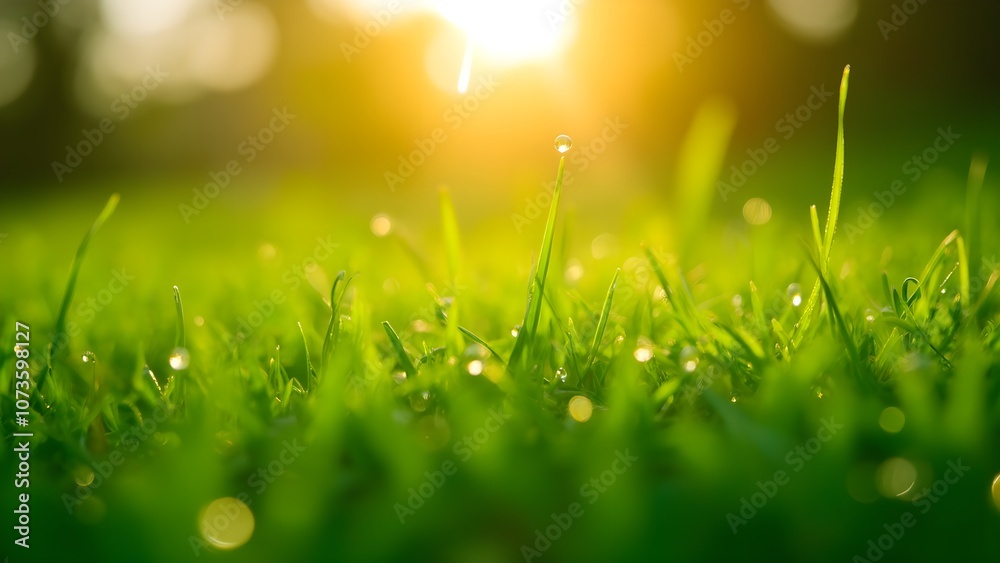 Close-up of Dew-Covered Grass in Morning Sunlight, Fresh and Serene Natural Vibe