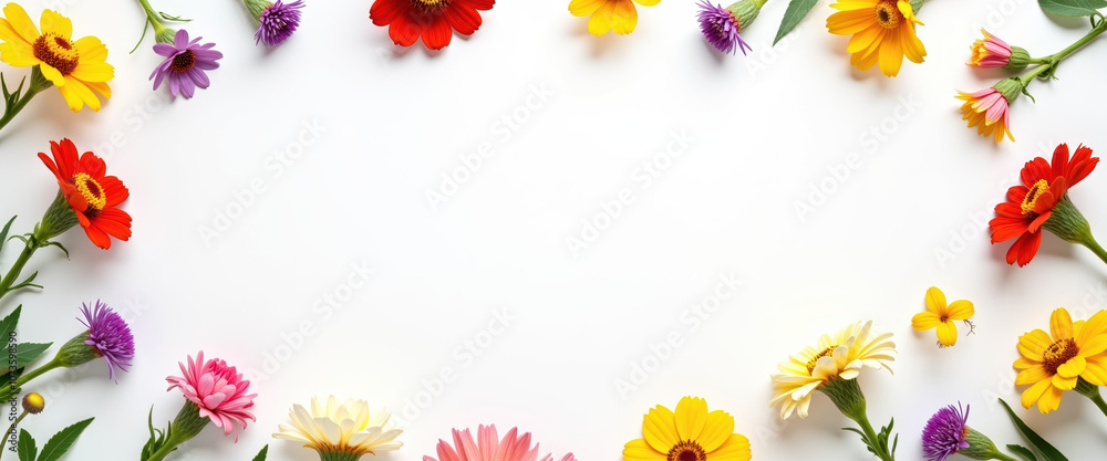 Obraz premium Flat lay with plenty of space for text featuring a vibrant flower border creating a beautiful background.