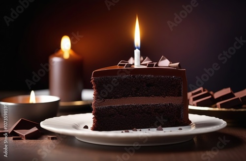 Slice of rich chocolate cake with a lit birthday candle on top, surrounded by chocolate pieces and candlelight for a warm, celebratory ambiance