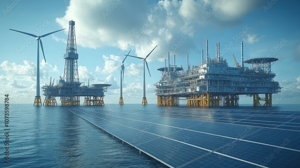 Offshore energy platforms with wind turbines and solar panels. Offshore energy platforms with wind turbines and solar panels.