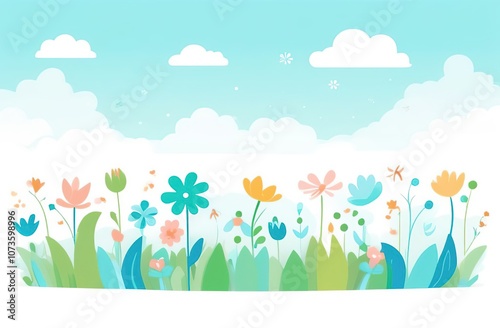 Whimsical floral illustration with colorful flowers, leaves, and clouds against a bright blue sky