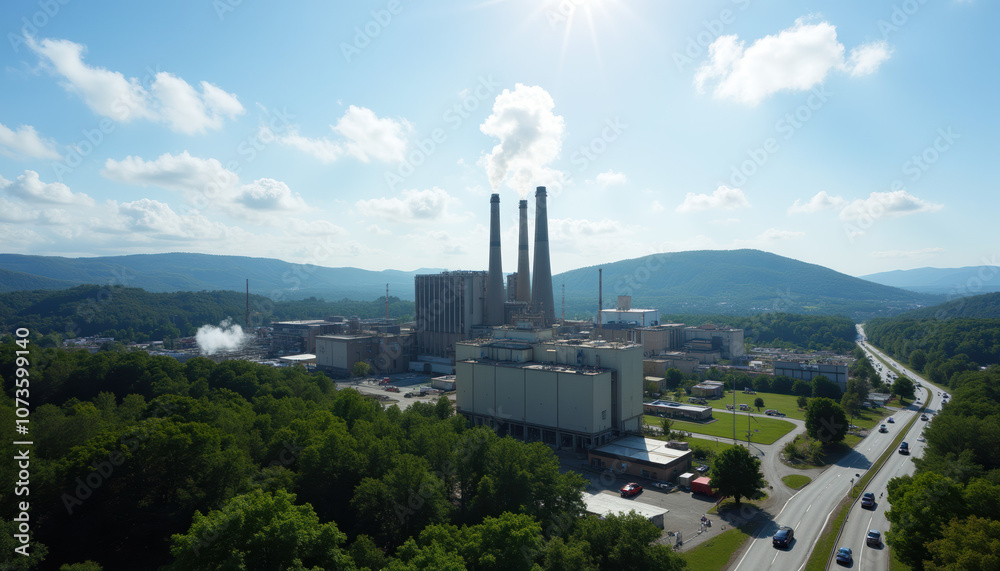 Obraz premium An aerial view of an industrial factory with smokestacks surrounded by green hills, highlighting the relationship between industry and nature.