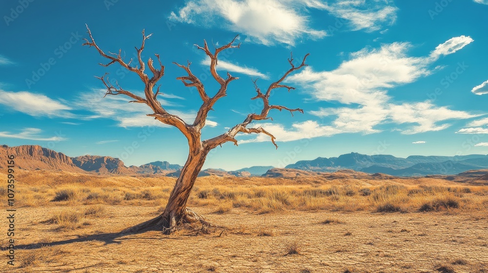 A tree is standing alone in a desert A tree is standing alone in a desert