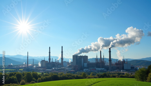 A bright and sunny day featuring an industrial factory with smokestacks against a clear blue sky, emphasizing the scale and impact of industrial production.