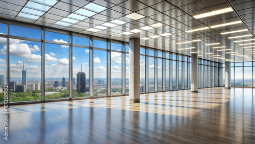 Wallpaper Mural Empty modern office hall with columns, panoramic windows and polished floor Torontodigital.ca