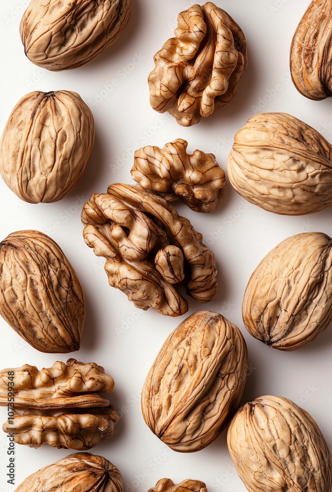 Walnut Kernels & Shells on White Background Walnut Kernels & Shells on White Background