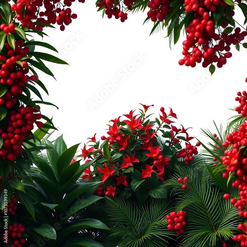 White background free space in middle lush green tropical plants bush in red theme cristmass frame christmas isolated photo