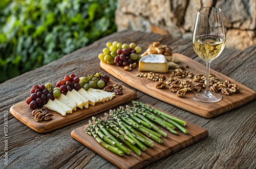 Rustic Wooden Table Setting with Wine and Appetizers photo