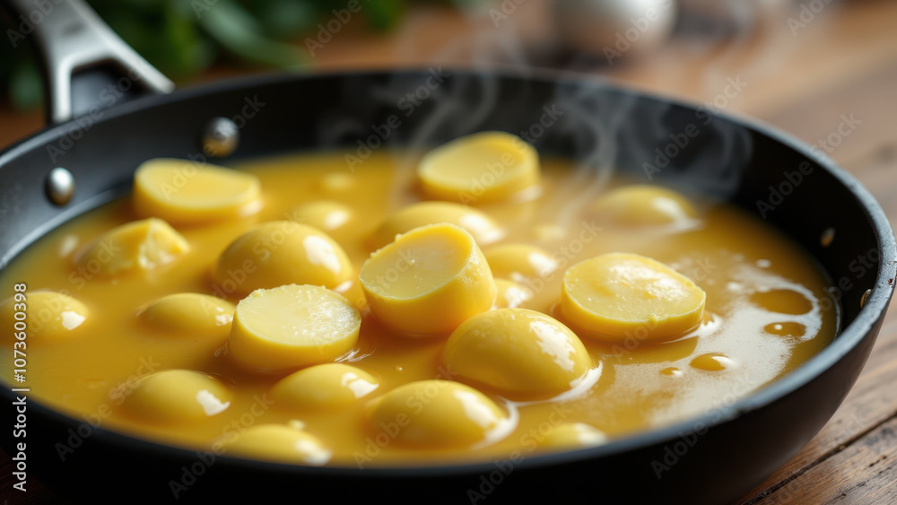 Beef tallow being rendered in a pan on a wooden surface with steam rising up.