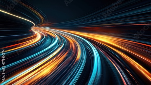 Abstract depiction of light trails representing speed and motion in a dark environment.