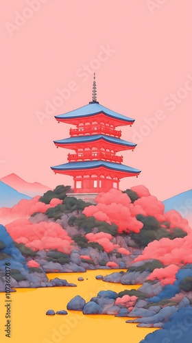 Vintage Kyoto Poster with Cherry Blossoms and Temple	