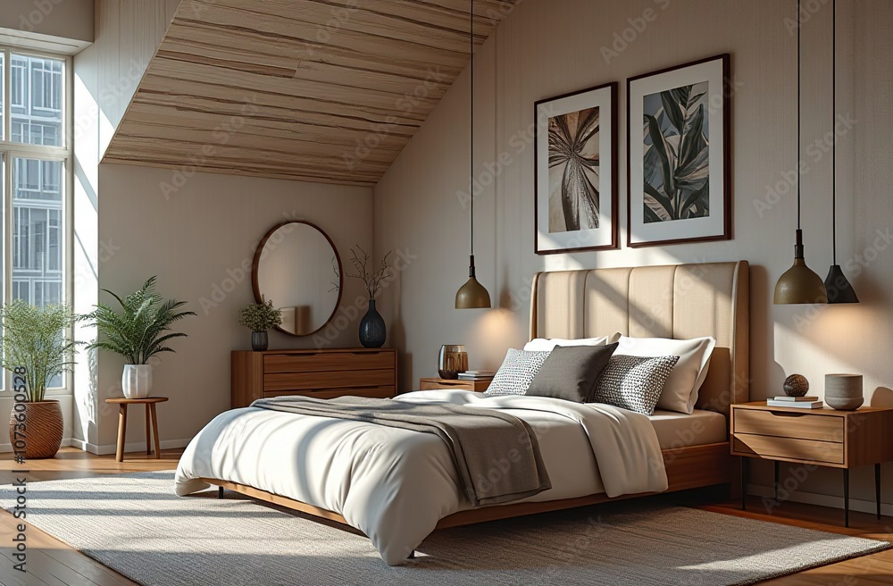 Modern bedroom with large windows overlooking a city skyline, neutral tones, a cozy bed, minimalist decor, and natural light enhancing the serene ambiance Modern bedroom with large windows overlooking a city skyline, neutral tones, a cozy bed, minimalist decor, and natural light enhancing the serene ambiance