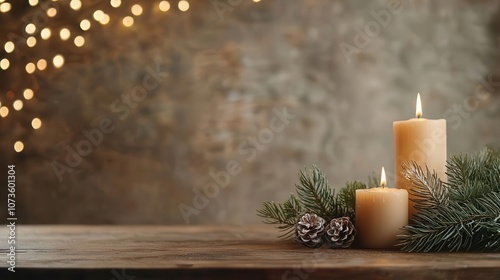 Christmas table with holiday decorations, candles, cozy glow, joyful celebration scene, traditional setup photo