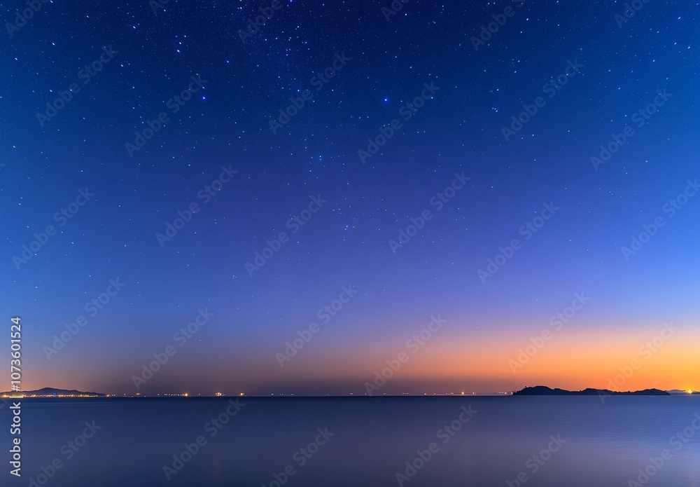 Serene Night Sky Over Calm Sea with Distant Lights Serene Night Sky Over Calm Sea with Distant Lights