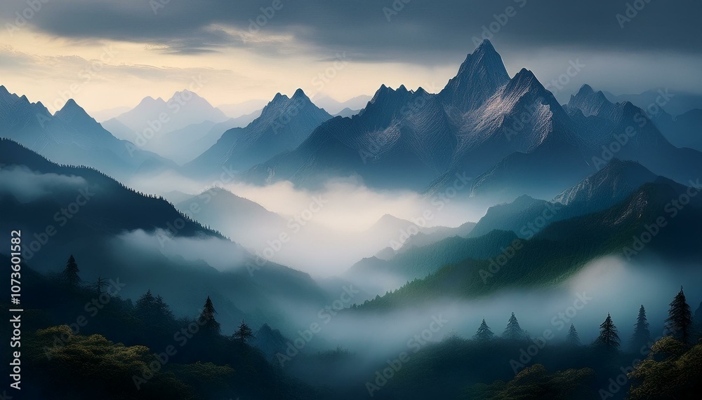A dramatic mountain scene where towering peaks rise above a blanket of thick fog. A dramatic mountain scene where towering peaks rise above a blanket of thick fog.