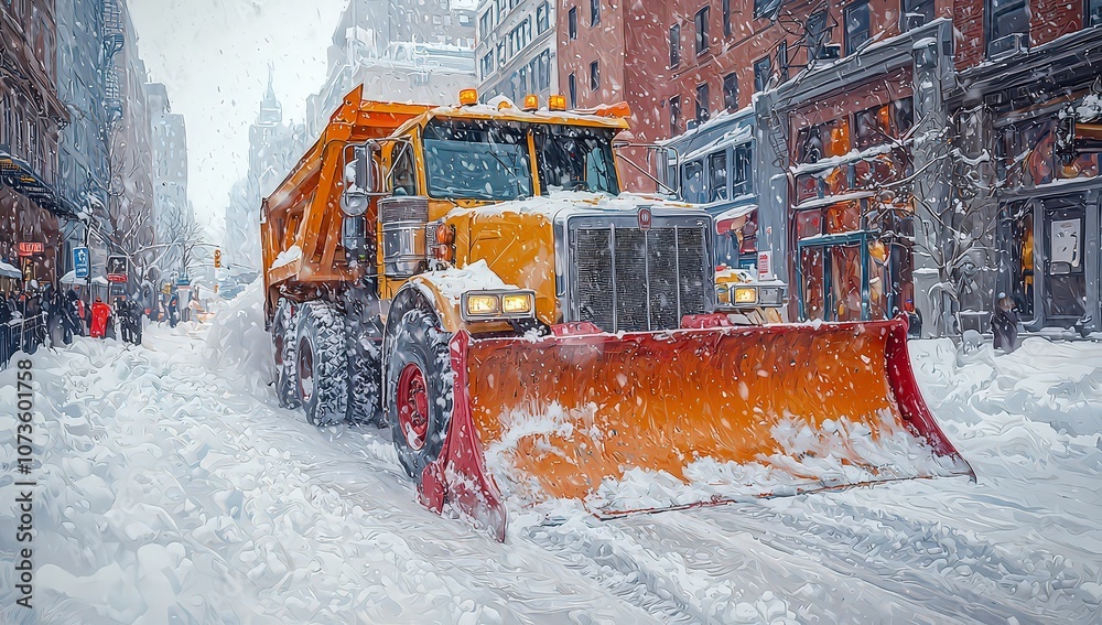A yellow snowplow truck with a red front end plows through the streets A yellow snowplow truck with a red front end plows through the streets