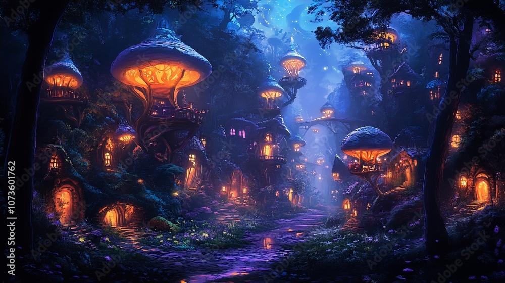 A magical mushroom village nestled in a forest with glowing lights and a path leading through the center. A magical mushroom village nestled in a forest with glowing lights and a path leading through the center.