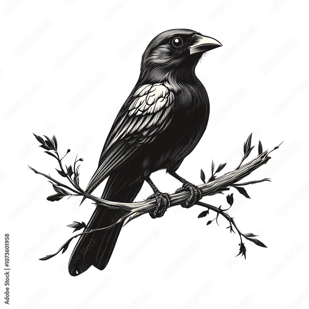 A monochromatic drawing of a bird with patterned feathers, sitting on a branch adorned with leaves, exuding a delicate, intricate style A monochromatic drawing of a bird with patterned feathers, sitting on a branch adorned with leaves, exuding a delicate, intricate style