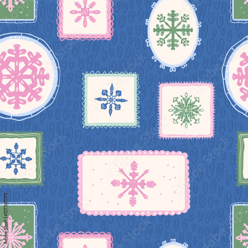 Seamless pattern with colorful snowflakes in rectangle decorative frames on a blue textured background. Vector hand drawn flat surface pattern xmas design