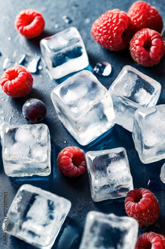 Ice cubes and raspberries scattered on a table. Fresh smoothie ingredients. Food and drink creative concept.