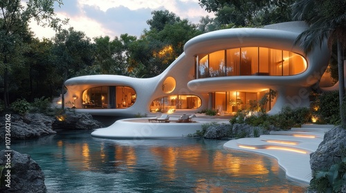Modern architectural design of a sleek, organic-shaped house by water.