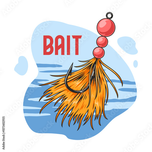 Bright fishing bait hangs above calm water surface