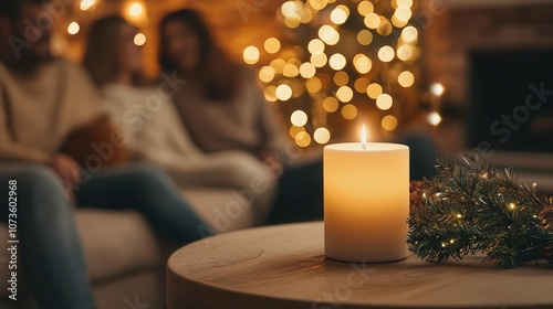 Friends gathered in cozy living room with Christmas decorations, joyful holiday celebration, warm ambiance photo