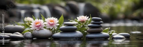 Spa concept with zen basalt stones with flowers