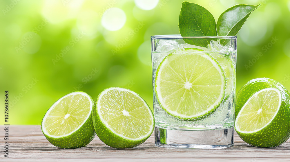 Features refreshing beverage wooden surface blurred - background lush greenery Features refreshing beverage wooden surface blurred - background lush greenery