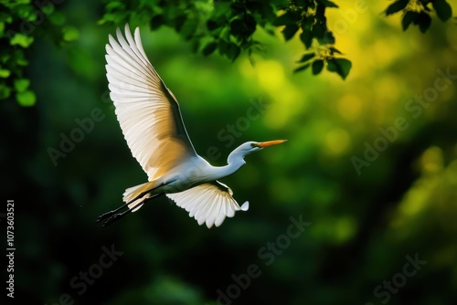 A stunning great egret soars gracefully through a vibrant green backdrop, showcasing its elegant wings and striking features. Nature?s beauty captured in a perfect moment of flight. photo