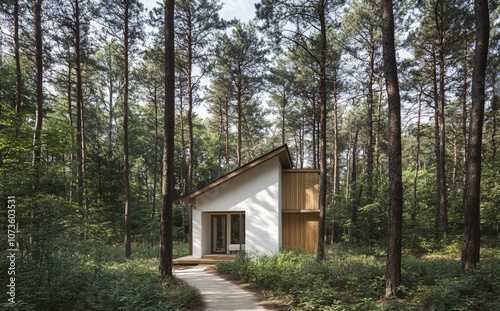 Minimalist Cabin in the Forest with Wood and White Plaster