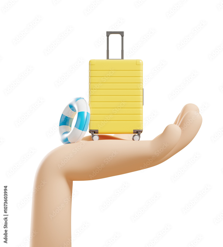 Obraz premium Hand holding a yellow suitcase and a blue lifebuoy on an isolated white background. Concept of travel and vacation. 3D Rendering