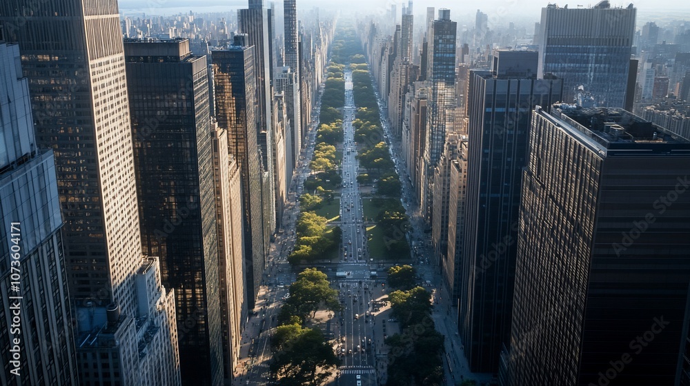 Obraz premium Aerial view of Central Park in New York City, with skyscrapers lining the park's edge.