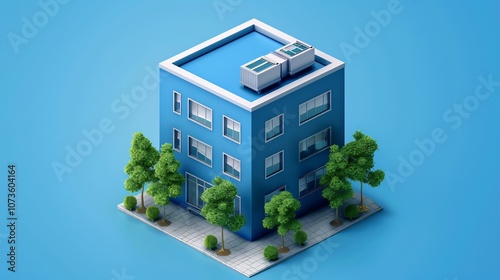 Blue Building with Rooftop Units and Trees