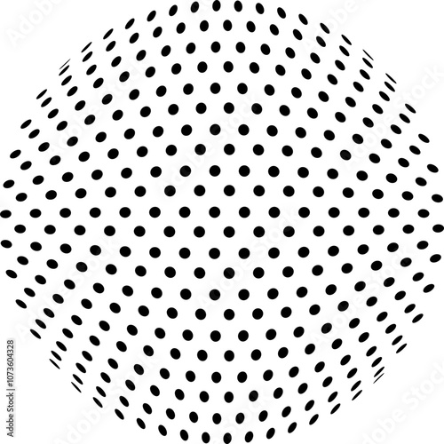 A circular pattern composed of black dots arranged in a radial formation creates an optical illusion of a sphere or dome shape against a white background. 