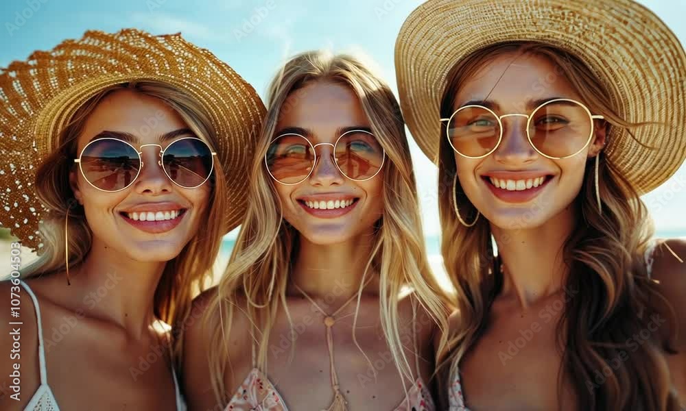Three smiling women in summer attire with sunglasses and hats enjoying a sunny day at the beach. Three smiling women in summer attire with sunglasses and hats enjoying a sunny day at the beach.