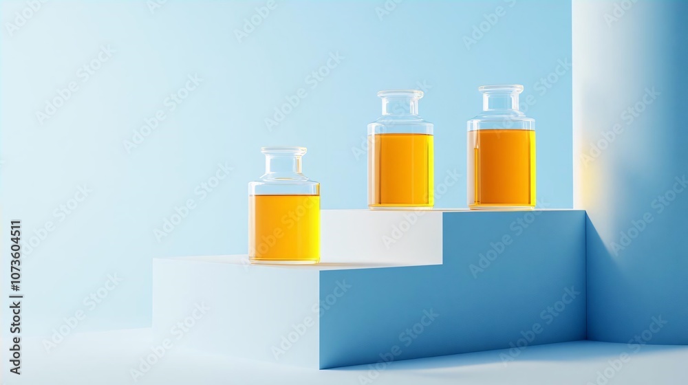 Glass Bottles with Yellow Liquid on Blue Podium Glass Bottles with Yellow Liquid on Blue Podium