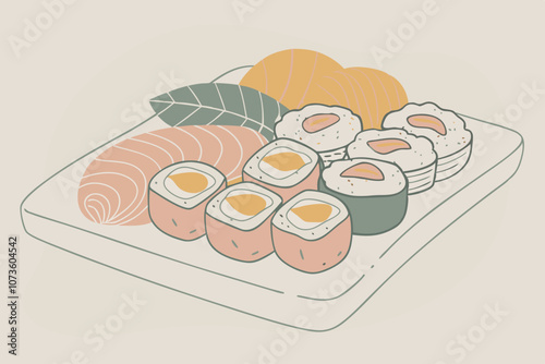 Watercolor Japanese Sushi Platter Vector Illustration