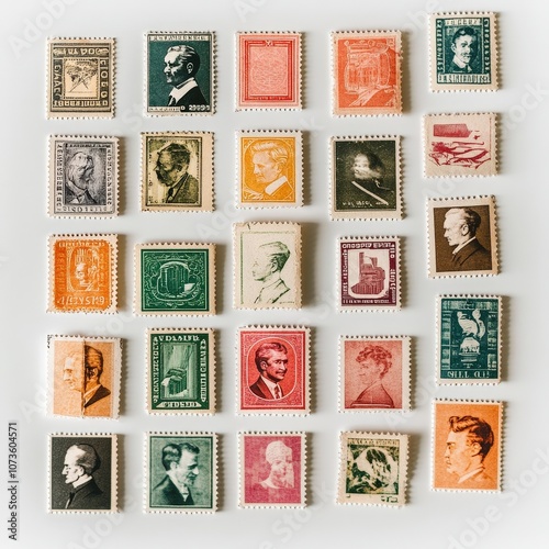 A collection of vintage stamps featuring iconic historical figures and designs. photo