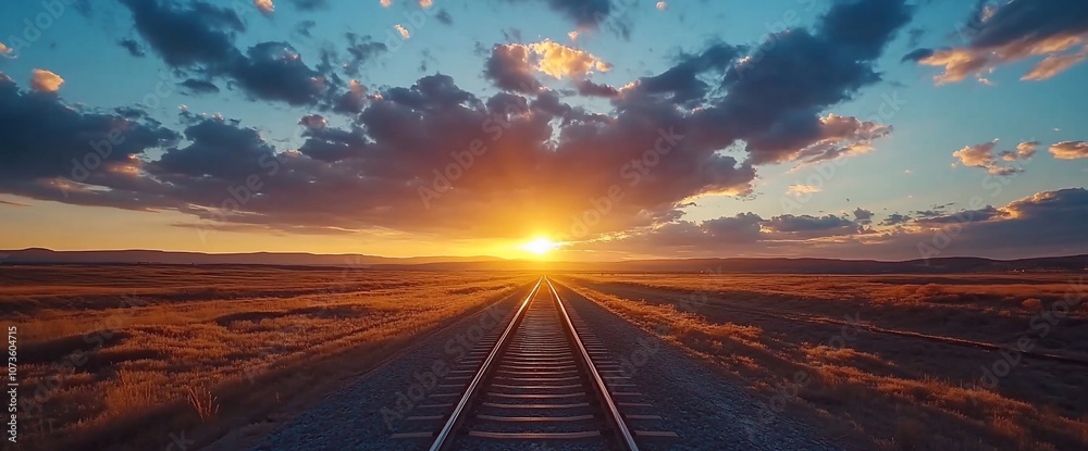 Railroad tracks leading to the setting sun over a vast golden field. Railroad tracks leading to the setting sun over a vast golden field.