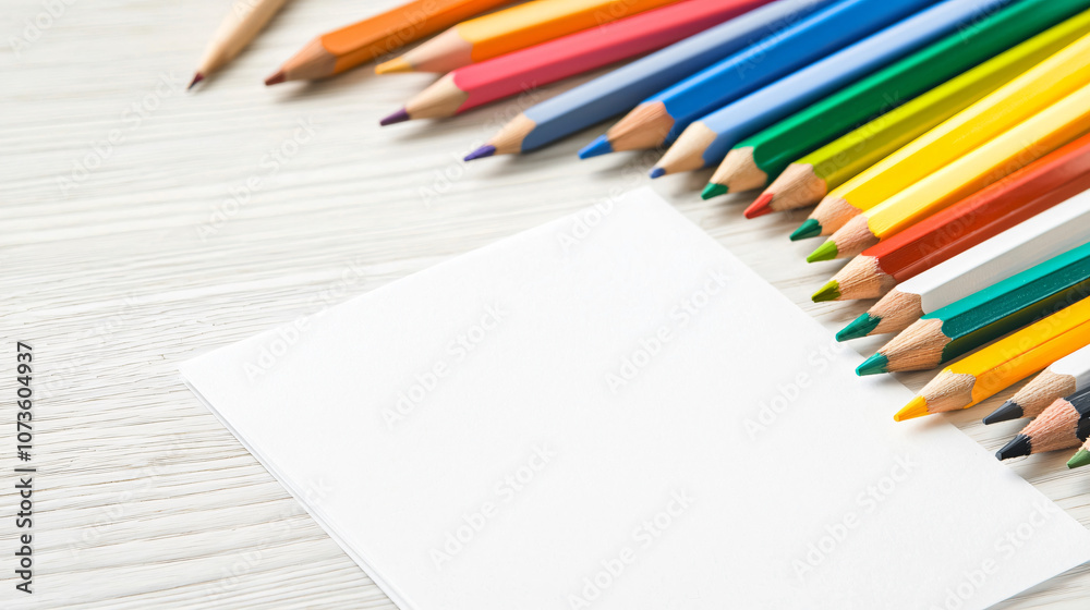 Colorful pencils arranged beside blank sheet of paper, ready for creativity