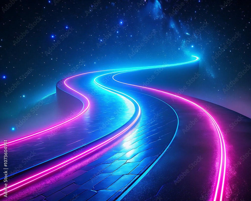 Neon road effect. Curved blue and pink LED light trails, creating fast motion. Laser stripes glowing on a dark backdrop. Horizontal template color gradient, rough retro vibe shine bright light Neon road effect. Curved blue and pink LED light trails, creating fast motion. Laser stripes glowing on a dark backdrop. Horizontal template color gradient, rough retro vibe shine bright light