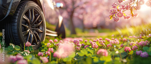 Sunny spring day in a blooming clover field with beautiful pink flowers, a car wheel in the background