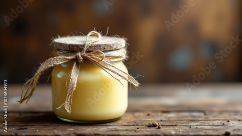 A jar of beef tallow sitting on a wooden surface. photo