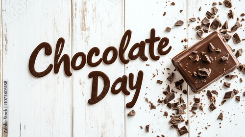 Celebrate Chocolate Day with a delightful greeting card featuring artistic chocolate text, a delicious chocolate bar, and scattered chocolate pieces on a rustic white wooden background for a sweet tou