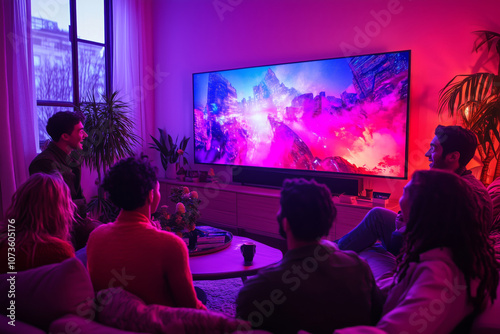 Friends enjoying a colorful movie night in a cozy living room setting photo