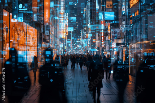 Wallpaper Mural Exploring a vibrant futuristic city as citizens engage with digital interfaces Torontodigital.ca