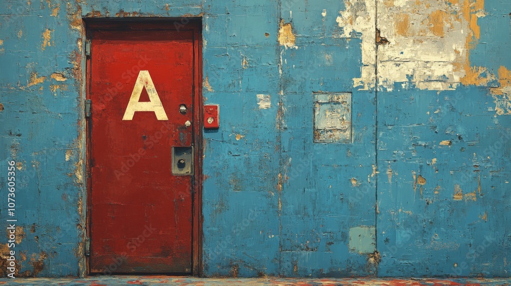 Red Door Against Weathered Blue Wall Red Door Against Weathered Blue Wall